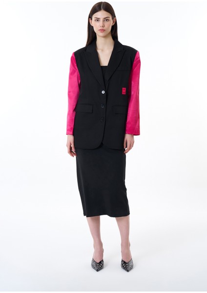 Kolları Saten Şerit Çizgili Blazer Ceket Siyah