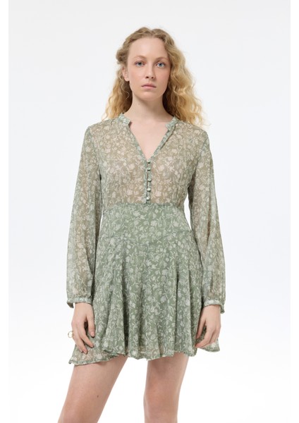 Çiçek Desenli Fırfırlı Şifon Mini Elbise Mint