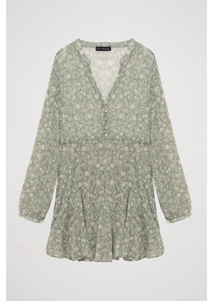 Çiçek Desenli Fırfırlı Şifon Mini Elbise Mint