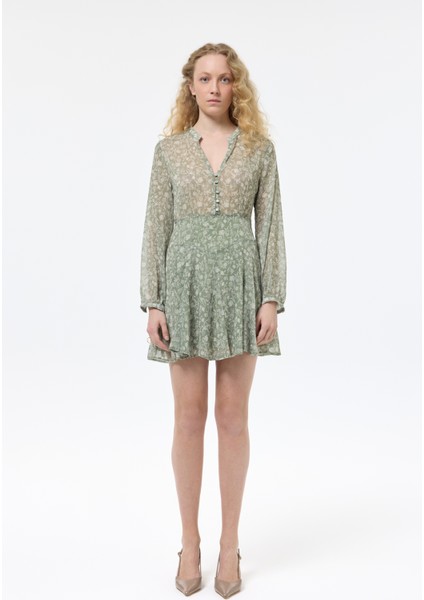 Çiçek Desenli Fırfırlı Şifon Mini Elbise Mint