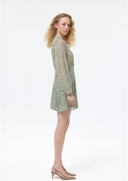 Çiçek Desenli Fırfırlı Şifon Mini Elbise Mint