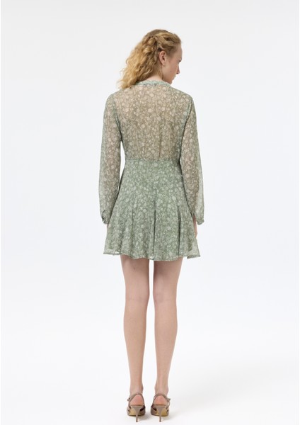 Çiçek Desenli Fırfırlı Şifon Mini Elbise Mint