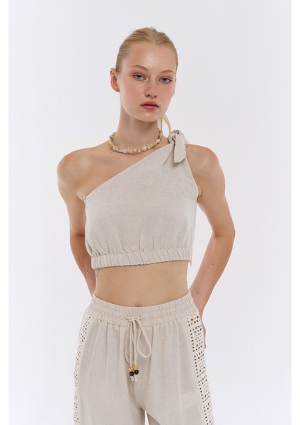 Tek Omuz Crop Keten Bluz Naturel