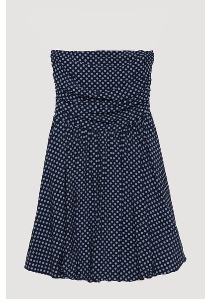 Puantiyeli Straplez Mini Balon Elbise Lacivert