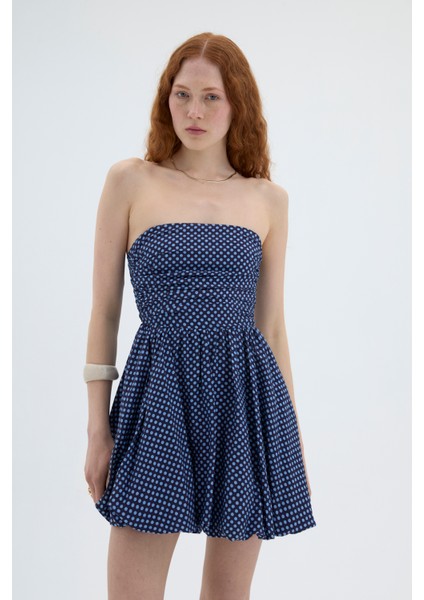 Puantiyeli Straplez Mini Balon Elbise Lacivert