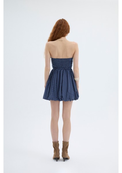 Puantiyeli Straplez Mini Balon Elbise Lacivert