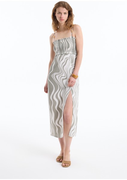 Boncuk Askılı Gipeli Yırtmaçlı Keten Elbise Haki