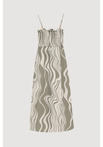 Boncuk Askılı Gipeli Yırtmaçlı Keten Elbise Haki