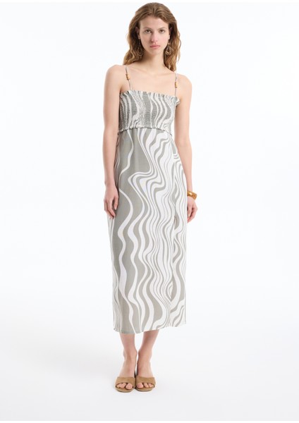 Boncuk Askılı Gipeli Yırtmaçlı Keten Elbise Haki