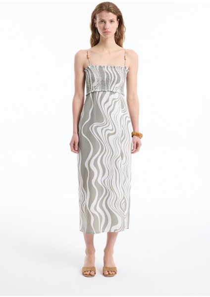 Boncuk Askılı Gipeli Yırtmaçlı Keten Elbise Haki