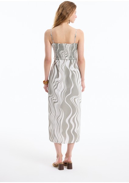 Boncuk Askılı Gipeli Yırtmaçlı Keten Elbise Haki