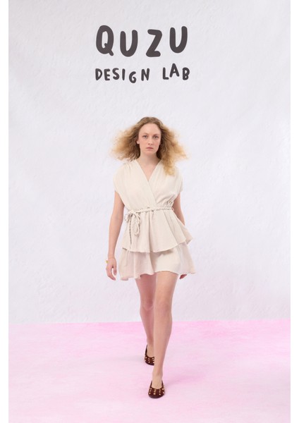 Örgü Kemerli Piliseli Keten Elbise Naturel