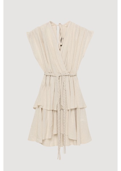 Örgü Kemerli Piliseli Keten Elbise Naturel