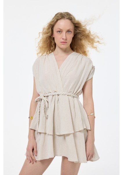 Örgü Kemerli Piliseli Keten Elbise Naturel