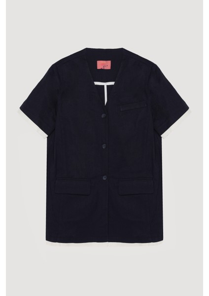 Garni Detaylı Düğmeli Kısa Kol Ceket Lacivert