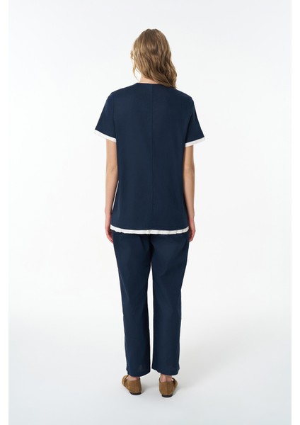 Garni Detaylı Düğmeli Kısa Kol Ceket Lacivert