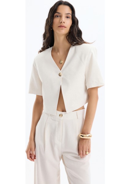 Tek Düğmeli Kısa Kol Keten Ceket Naturel