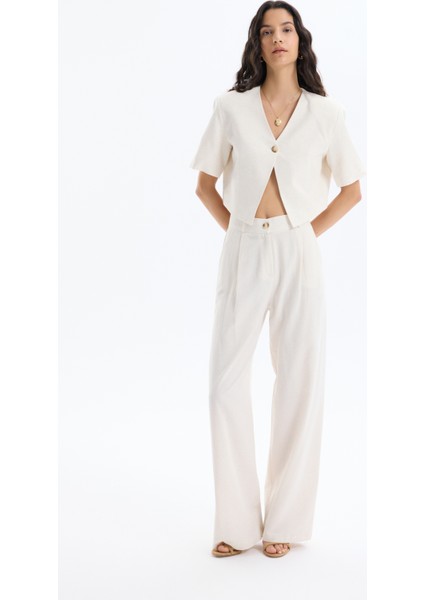 Tek Düğmeli Kısa Kol Keten Ceket Naturel