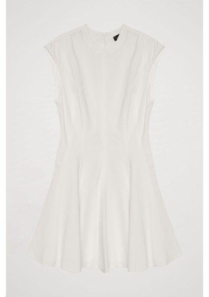 Pile Detaylı Kolsuz Mini Elbise Ekru