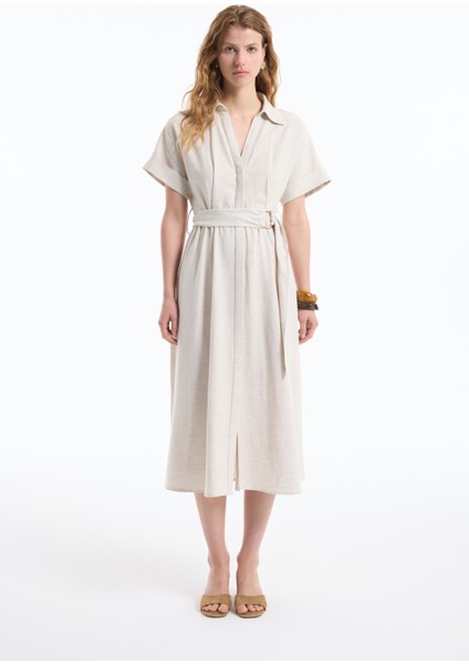 Gömlek Yaka Kemerli Keten Midi Elbise Naturel