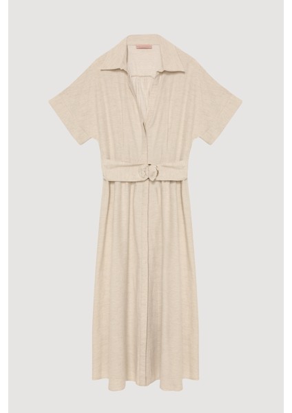 Gömlek Yaka Kemerli Keten Midi Elbise Naturel