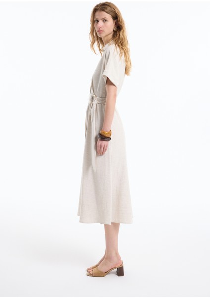 Gömlek Yaka Kemerli Keten Midi Elbise Naturel