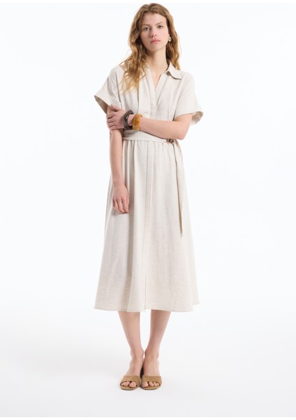 Gömlek Yaka Kemerli Keten Midi Elbise Naturel