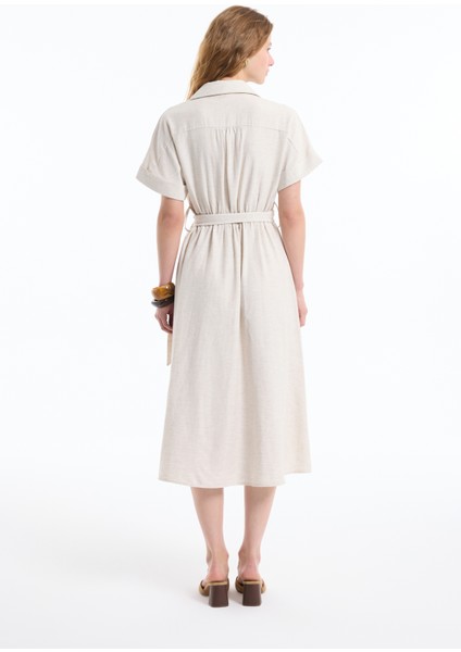 Gömlek Yaka Kemerli Keten Midi Elbise Naturel