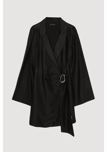 Kruvaze Bağlamalı Dokulu Mini Elbise Siyah