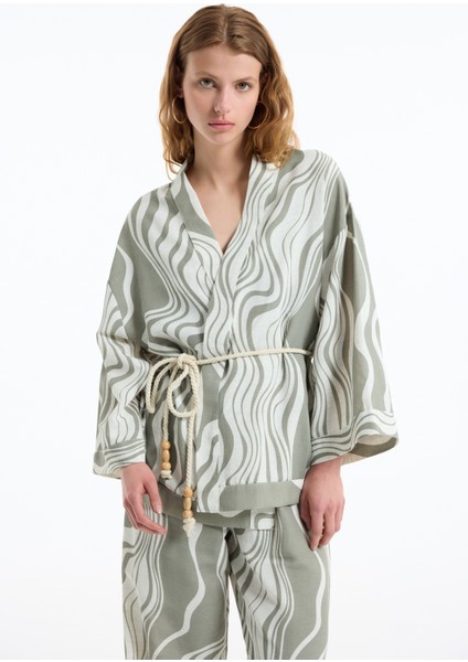 Dalga Desenli Bağlamalı Keten Kimono Haki