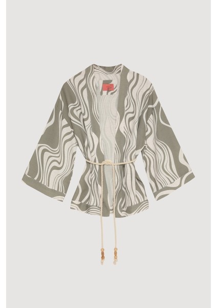 Dalga Desenli Bağlamalı Keten Kimono Haki