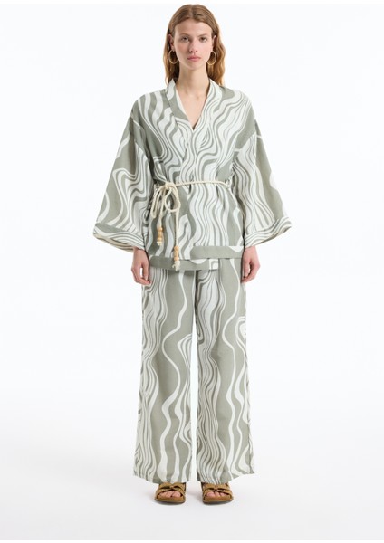 Dalga Desenli Bağlamalı Keten Kimono Haki