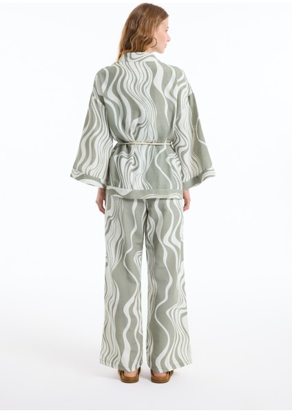 Dalga Desenli Bağlamalı Keten Kimono Haki