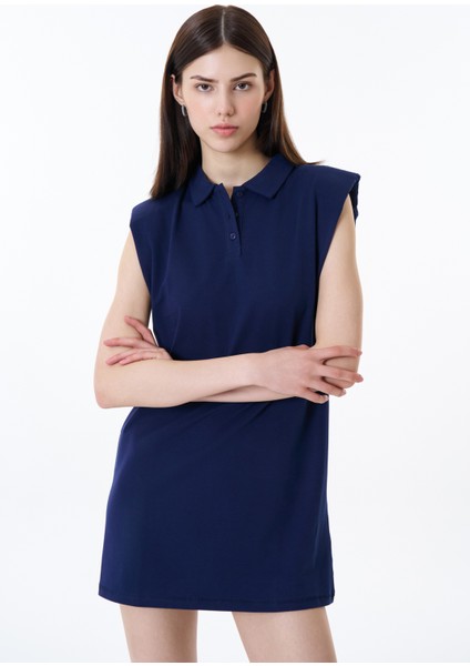 Polo Yaka Vatkalı Basic Mini Elbise Lacivert