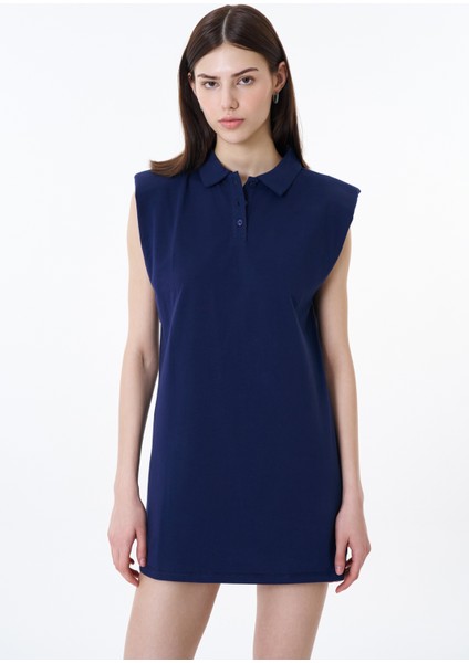 Polo Yaka Vatkalı Basic Mini Elbise Lacivert