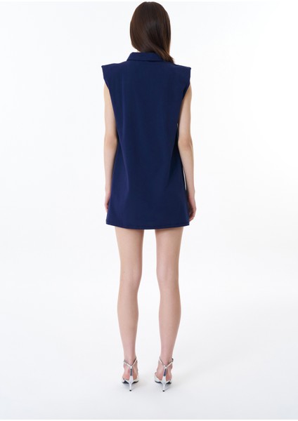 Polo Yaka Vatkalı Basic Mini Elbise Lacivert