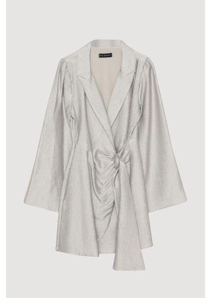 Kruvaze Bağlamalı Dokulu Mini Elbise Gri