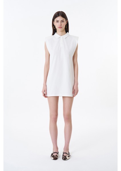 Polo Yaka Vatkalı Basic Mini Elbise Ekru
