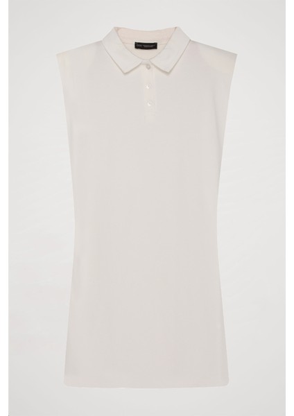 Polo Yaka Vatkalı Basic Mini Elbise Ekru