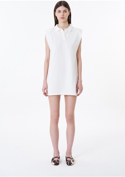 Polo Yaka Vatkalı Basic Mini Elbise Ekru