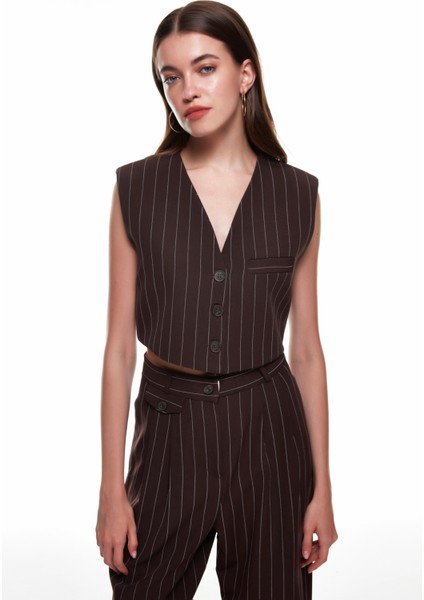 Çizgi Detaylı Yelek Ceket Kahverengi