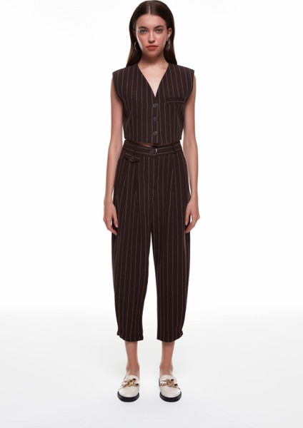 Çizgi Detaylı Yelek Ceket Kahverengi