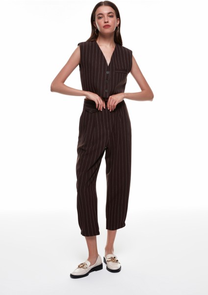 Çizgi Detaylı Yelek Ceket Kahverengi