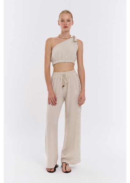 Tek Omuz Crop Keten Bluz Naturel