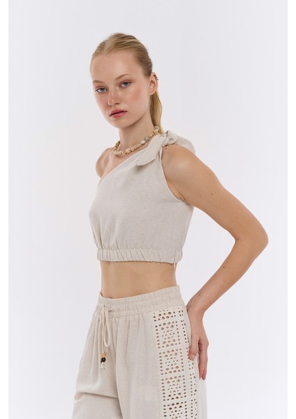 Tek Omuz Crop Keten Bluz Naturel