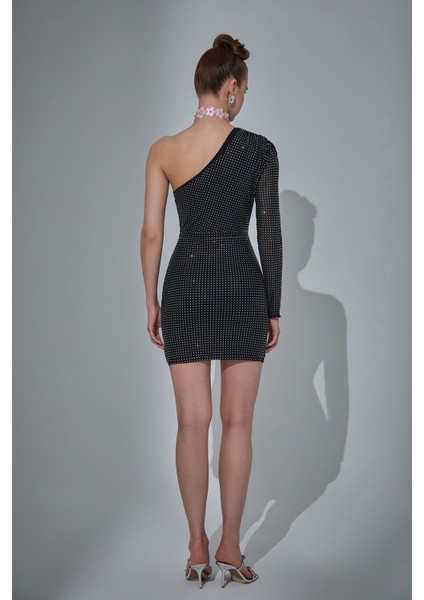 Taş Aksesuarlı Tek Omuz Mini Elbise Siyah