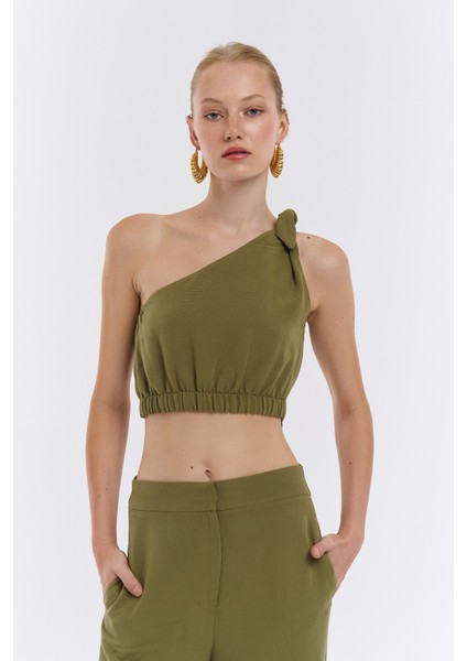 Tek Omuz Crop Keten Bluz Haki