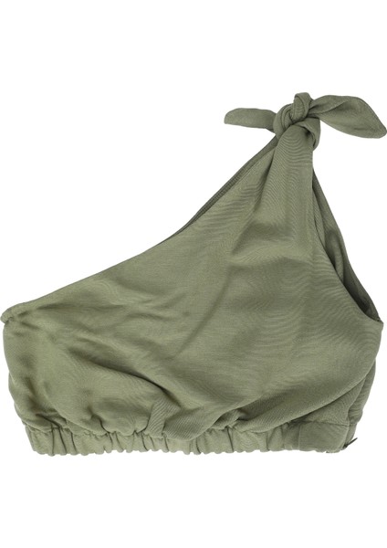 Tek Omuz Crop Keten Bluz Haki