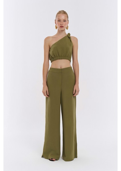 Tek Omuz Crop Keten Bluz Haki