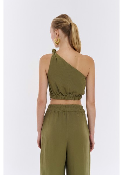 Tek Omuz Crop Keten Bluz Haki